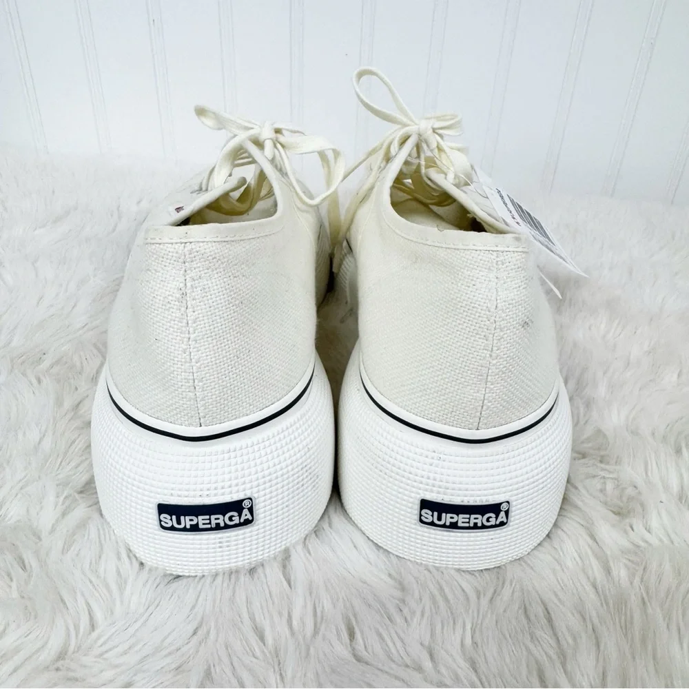SUPERGA Canvas Platform Sneaker Size 8 Beige Cream Lace Up Clean Girl Scandi‎